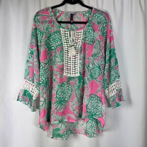 Casey Key Boho Tropical Tunic Blouse Pink Green Pineapple Lace Insets Cover Up L
